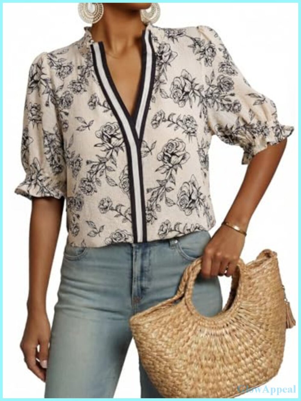 Boho Floral Ruffle Blouse Puff Short Sleeve V Neck Peasant Top